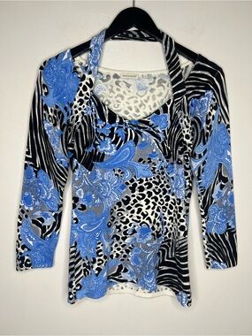 Y2K Blue Paisley Animal Print Artsy Halter Neck Stretch Knit Top Maximalist